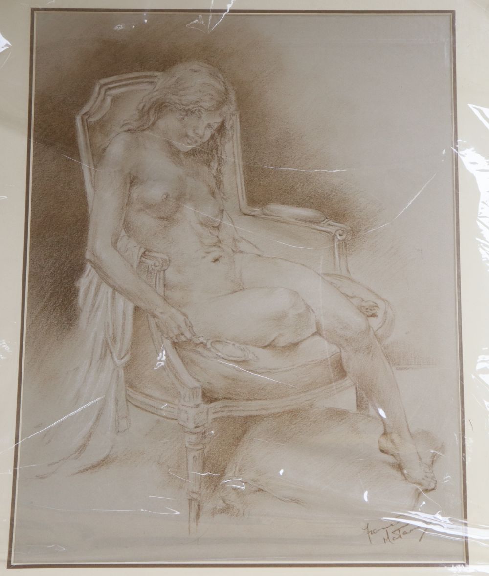 Franco Matania (1922-2006), chalk and brown conté crayon, Seated female nude, signed, 45 x 34cm, unframed